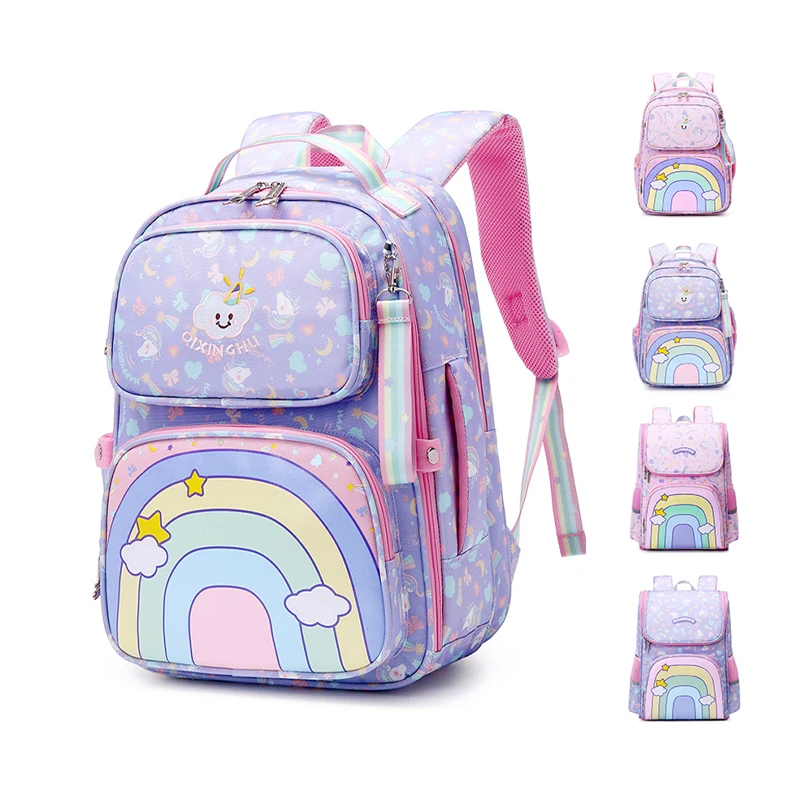 

Stress reduction cartoon printing embroidered mochilas with fashion heat transfer material for primary girls, 4colors