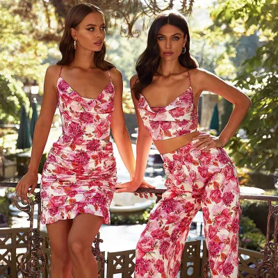 

Sleeveless Halter Backless Floral Print Camis Wide Leg Pants 2 Pieces Set Autumn Winter Women Sexy Party Tracksuit