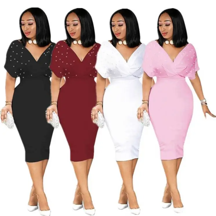 

Fashion Bodycon Dress V Neck Beading Solid Sexy Party Wear Elegant Plus Size Fall Women Dresses