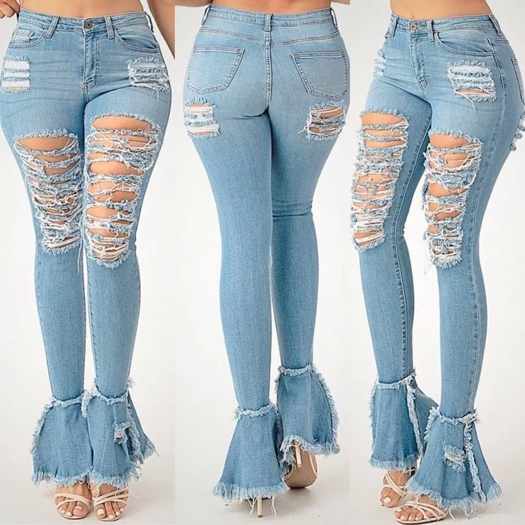 

Plus Size Causal High Waisted Ripped Bell Bottom Denim Pants Jeans Women Bluey Apparel