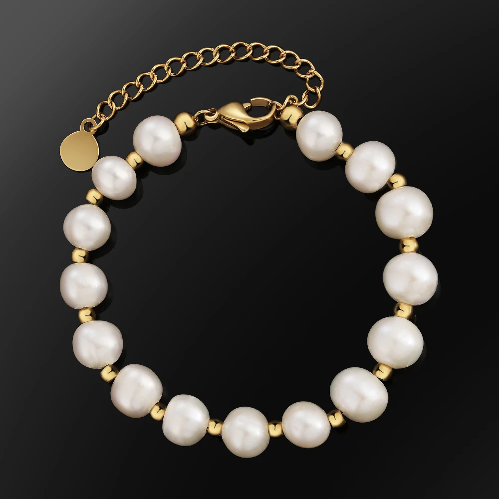 

KRKC Natural Frosted Pearl Jewellery Factory Price Wedding Bridal Minimalist Gold Fill Real Freshwater Pearl Stacked Bracelet
