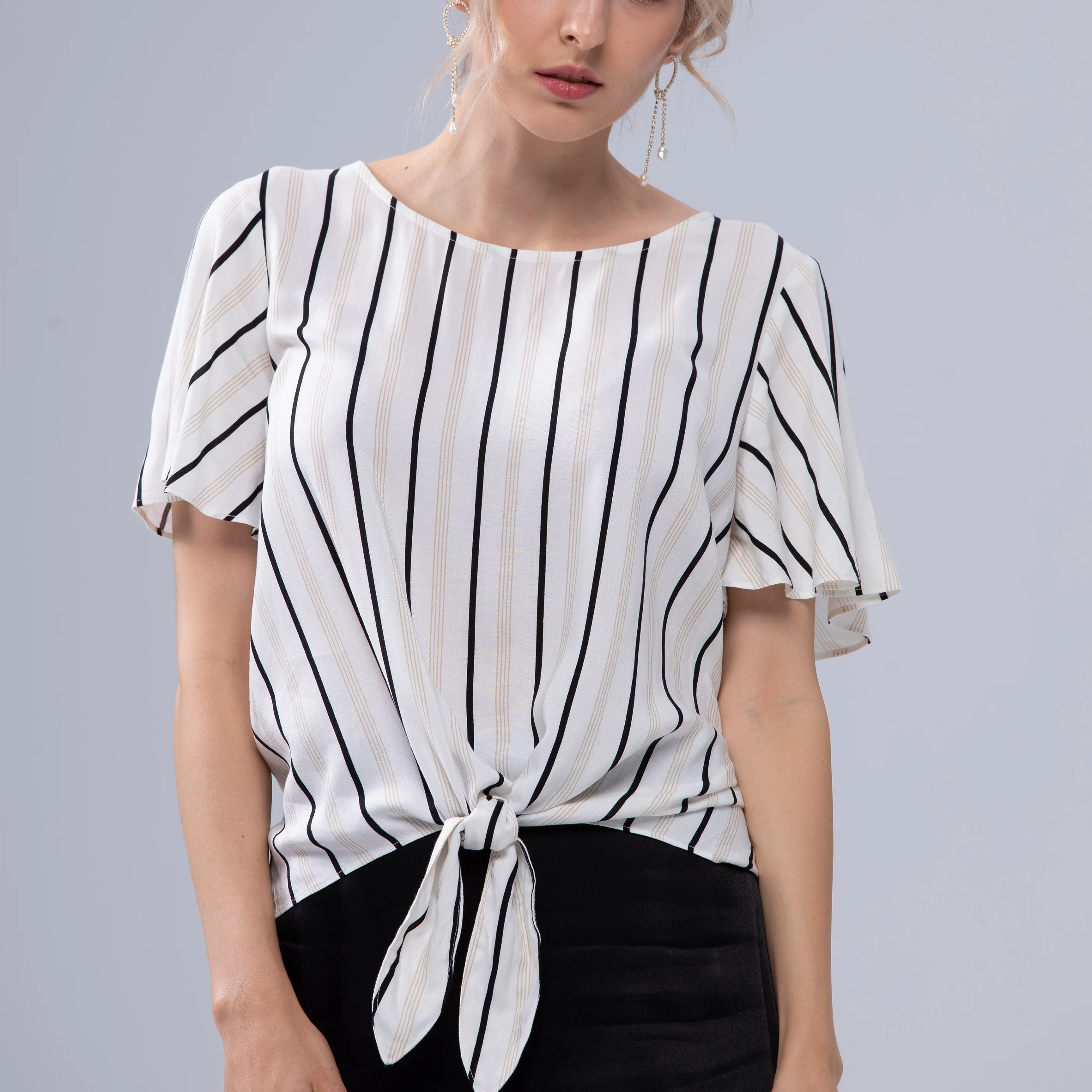 

Ladies Summer Casual Front Knot short sleeve round neck striped Custom Women Tops Blouse
