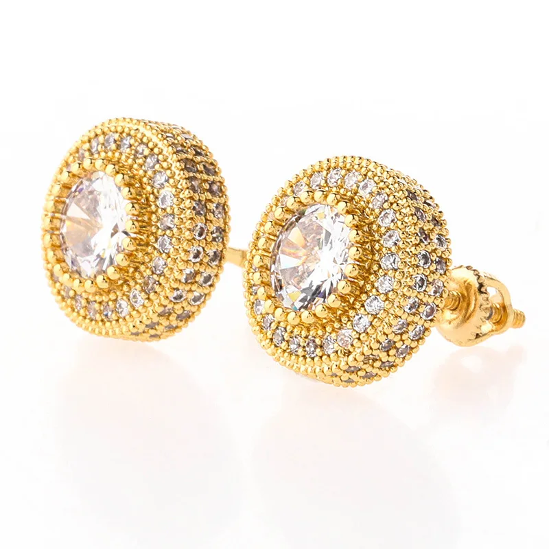 

New Hip Hop Iced Out Bling Stud Earrings For Men Women Luxury Golden Micro Pave Cubic Zircon Round Stud Earring Gifts