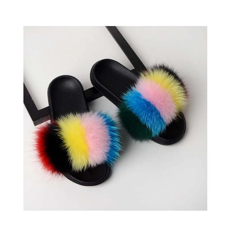 

2019 New Design Women's Fur Slippers Real Fox Fur Woman Slides Home Furry Flat Sandals Female Cute Fluffy House Shoes Flip, Customer's request