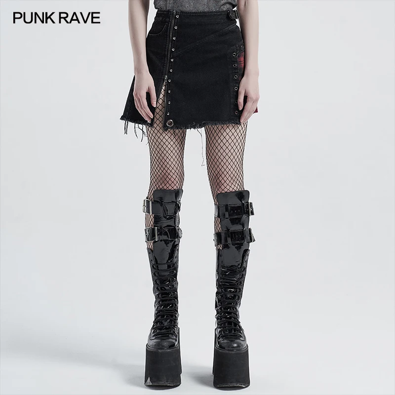 

PUNK RAVE Dropshipping Punk Girls Pleated Zipper Short Skirt Rivet Decoration Women's High Waist Black Mini Denim Plaid Skirt