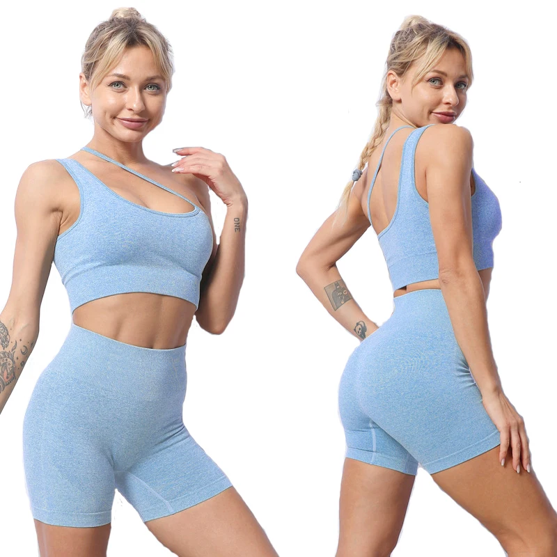 

Hot Selling Women's One Shoulder Sling Yoga Bra And Casual Gym Shorts Suit Active Wear Fitness Yoga Set