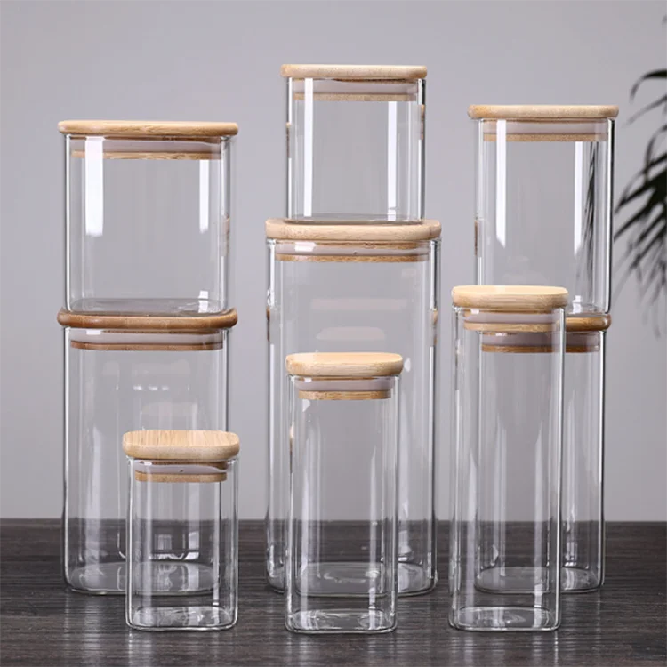 

Custom mason jar sealing 200ml-1500ml square airtight canisters with bamboo lids, Clear transparent