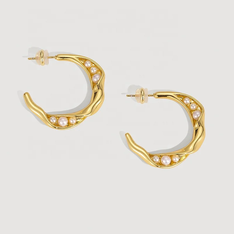 

New Fashion C-shaped Brass And Gold-plated Twisted Knot With Small Pearls Earrings, Rose gold