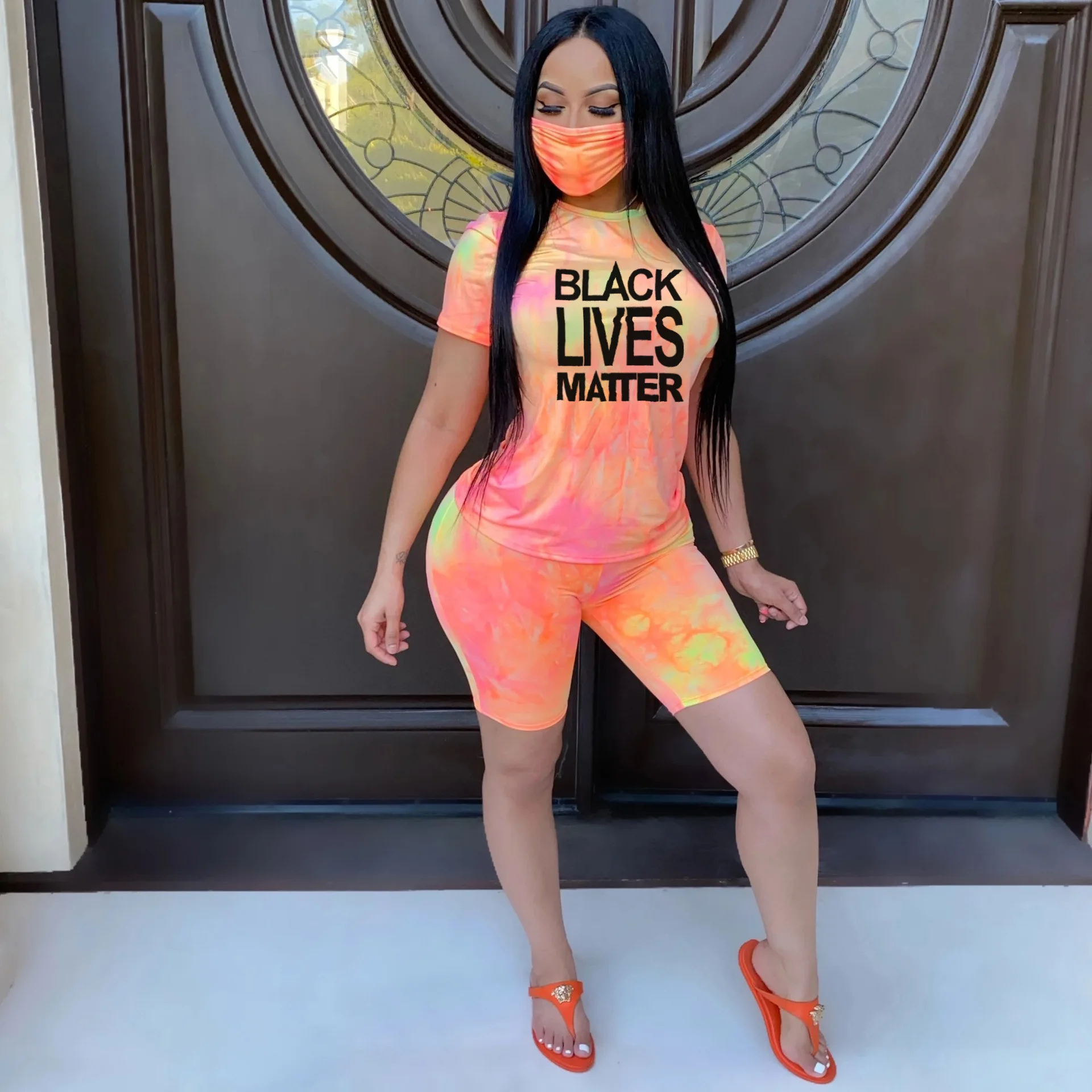 

2021 new style European and American womens tie dye printing round neck casual fashion home shorts two piece pants set