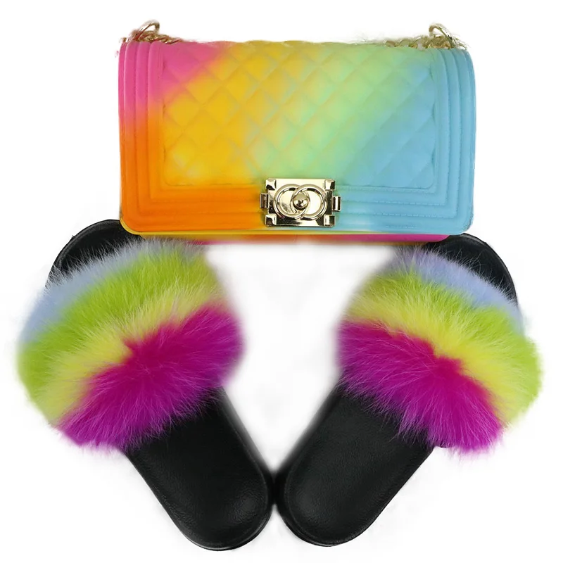 

2021 Agreat Flat Fur Slide Fashion Sandals and Purse PVC Bag Slippers with Fur Purse Set for Kids Fur Slides with Purse Set, Customizable