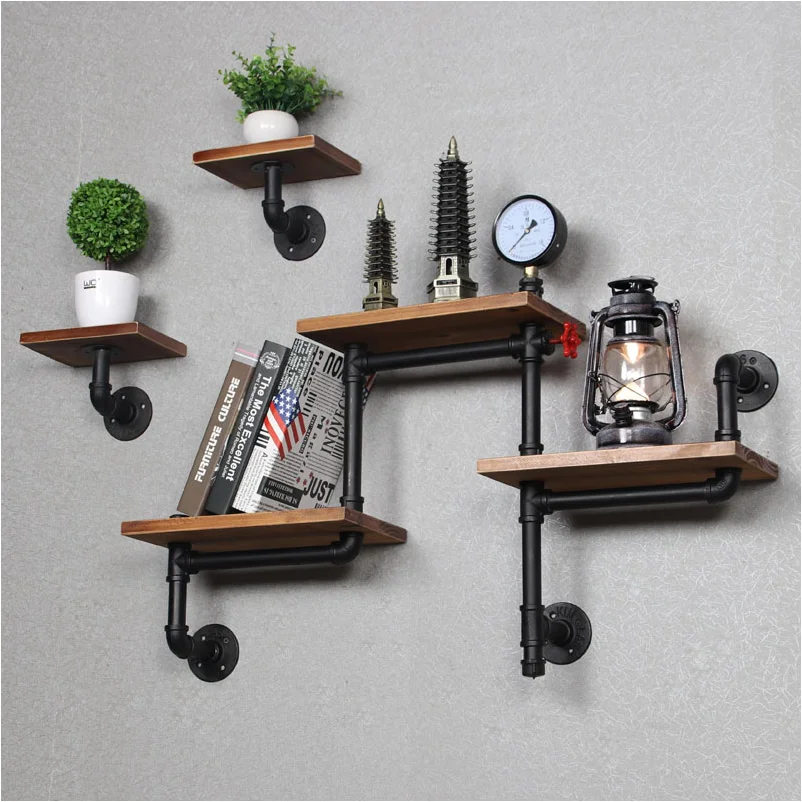 

Antique simple wooden bookshelf corner shelves industrial DIY metal iron pipe Floating mounted hanging wall shelf for home, Customized color