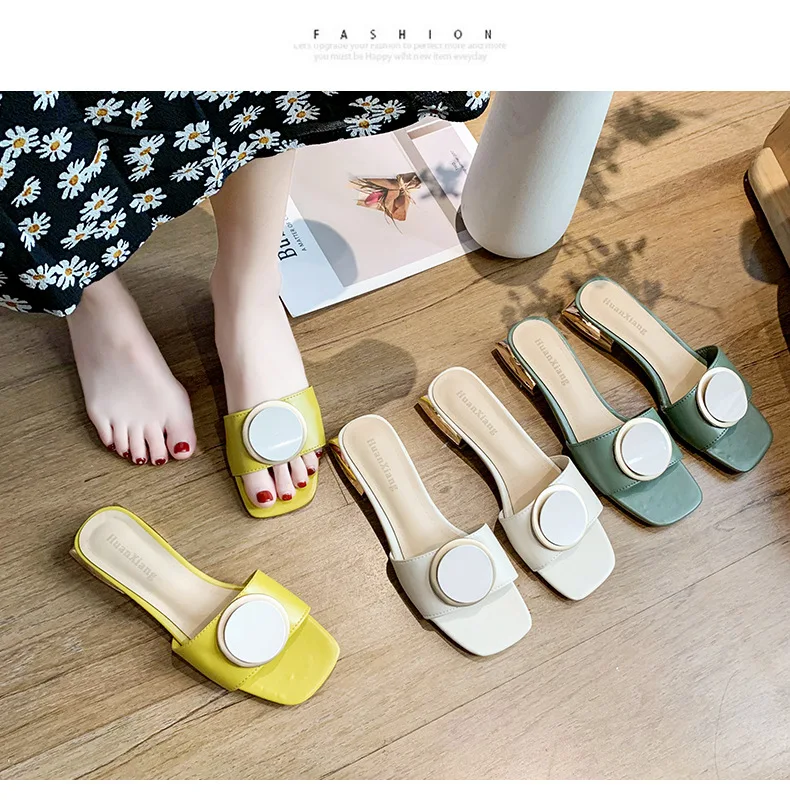 

2021 Summer Yellow Flat Headed Female Pu Rubber Ladies Sandals And Slippers, Green/yellow/white