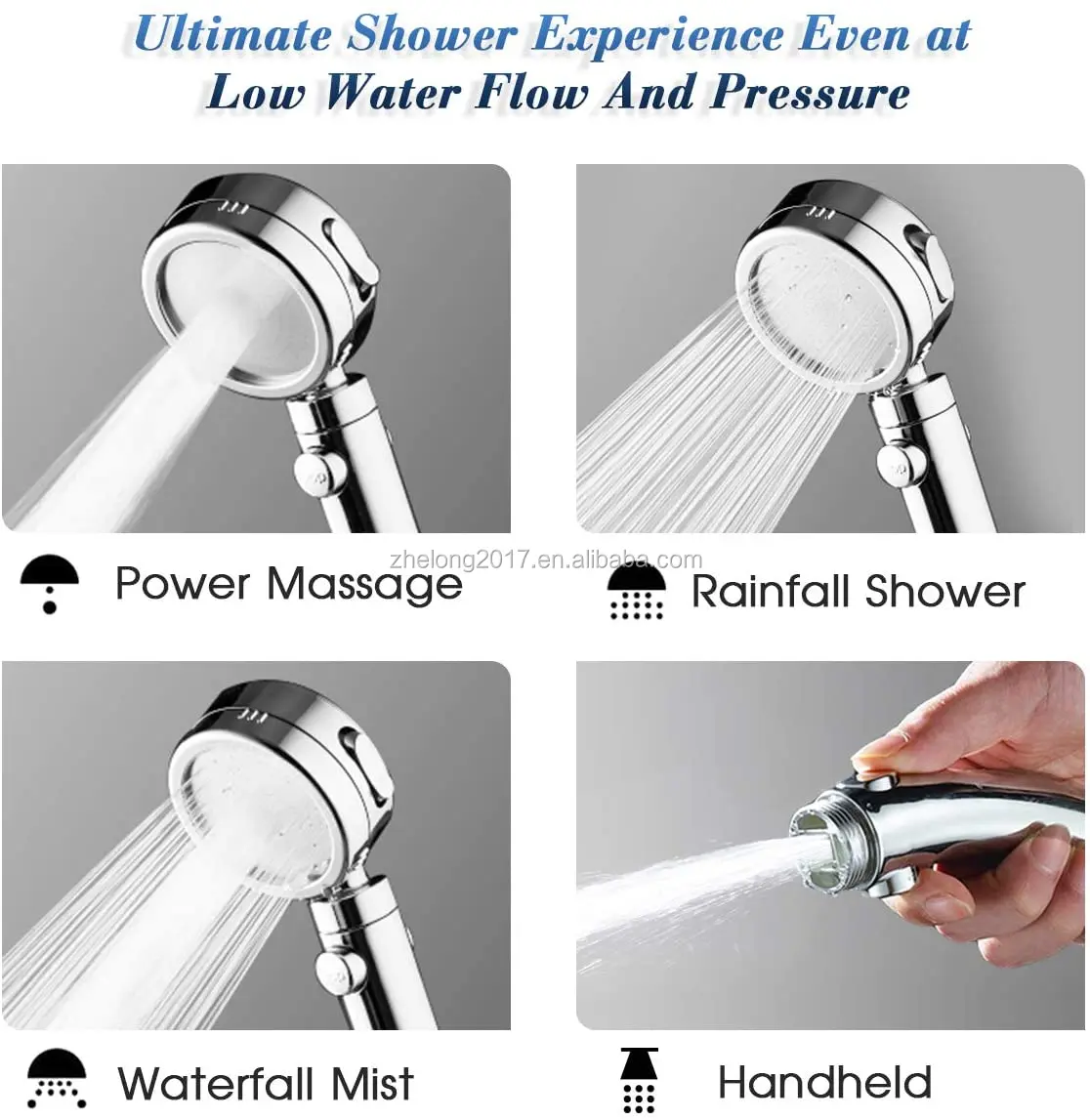 3 Modes High Pressure Chrome Detachable Hand Held Shower Head With