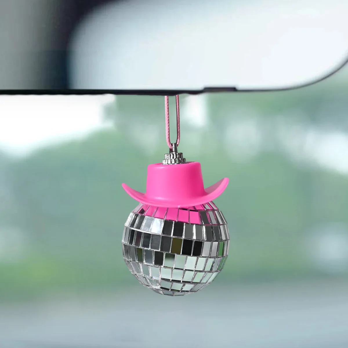 

Cute Disco Ball Rear View Mirror Car Charm Hanging Mini Disco Ball Cowboy Hat Hanging Car Accessory Decor