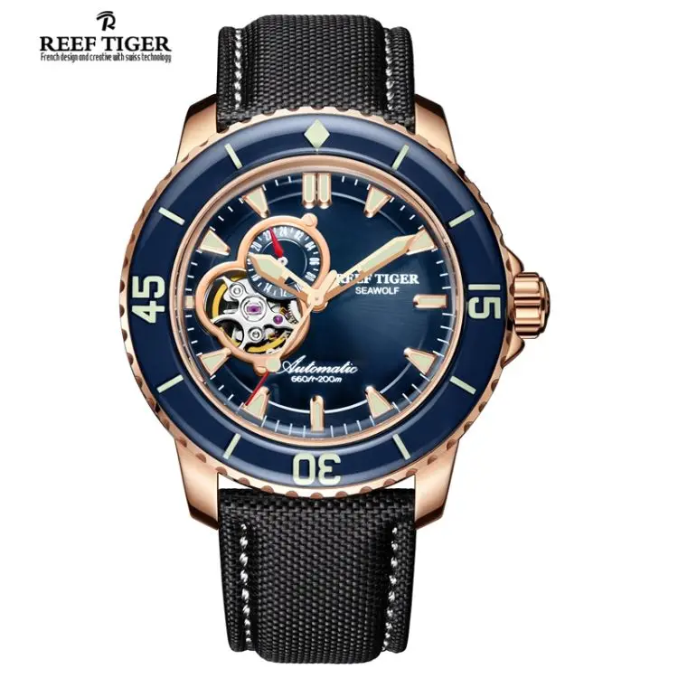 

REEF TIGER RGA3039 Dive Sport Watches Luminous Luxury Dive Watches for Men Rose Gold Tone Automatic Blue Watches Nylon Strap