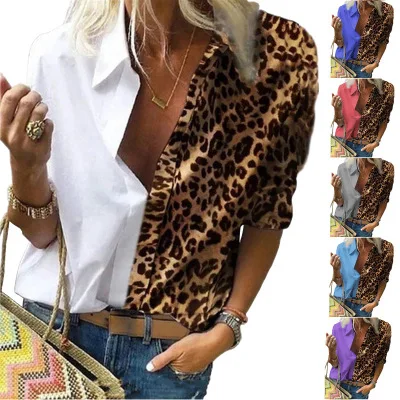 

2020 Women's Leopard Print Casual Long Sleeve Turn-Down Neck Loose Shirt Elegant Office Lady Tops