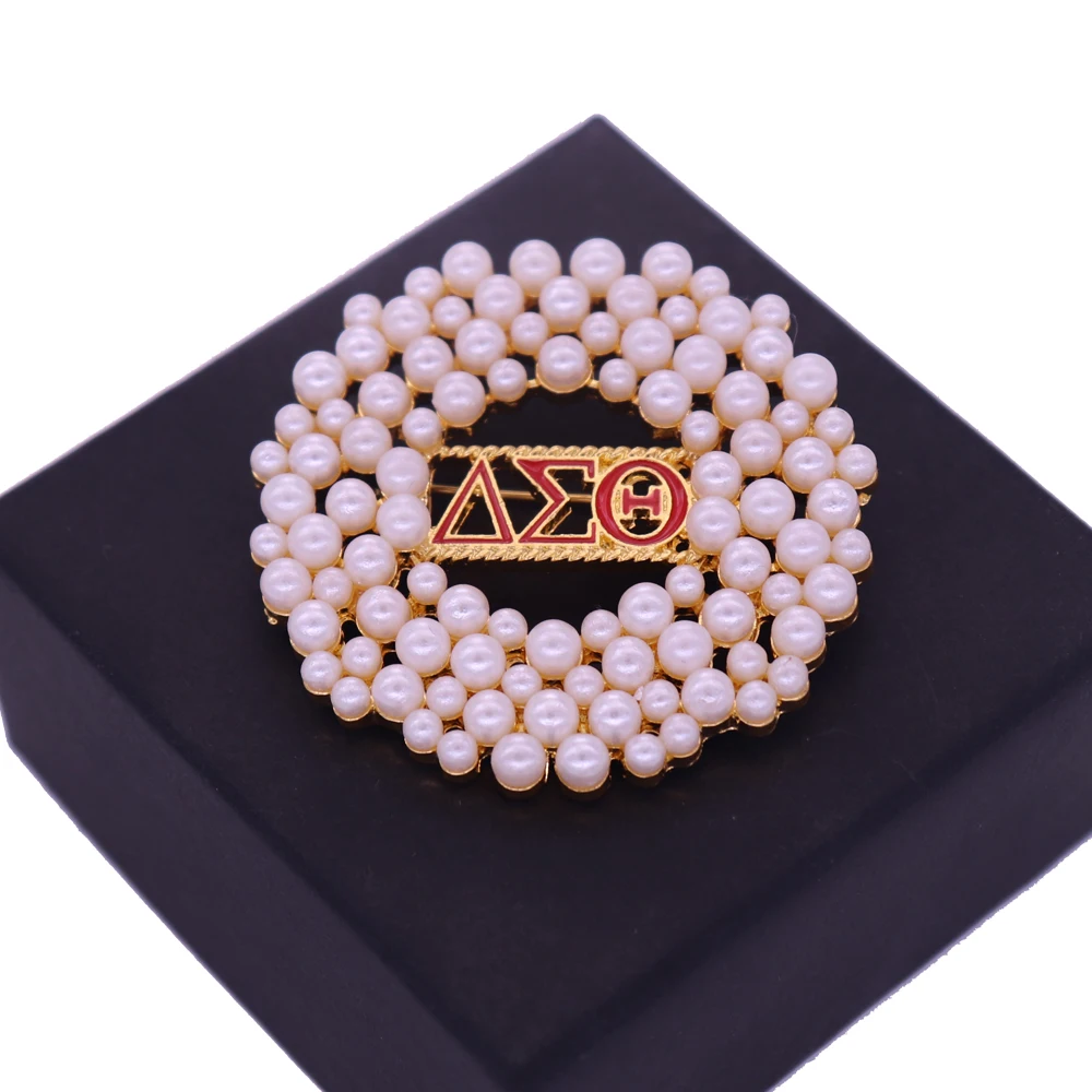 

Customize Design Metal Gold Plated White Pearl Greek Letter Sorority Delta Brooch Lapel Pin Society DST Label