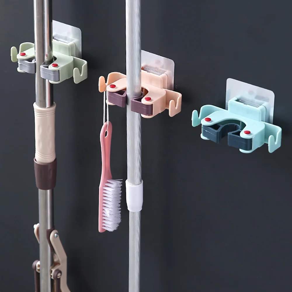 

JX- Wall-mounted mop broom fixed clips household nail-free mop umbrella holder bathroom wall hanging mop clip with hooks, Colorful