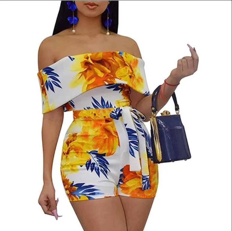 

Bodycon Boho Jumpsuits For Women - Off Shoulder Bandage Tie Dye Short Rompers Beach Club Outfits Tye Dye Jumpsuit