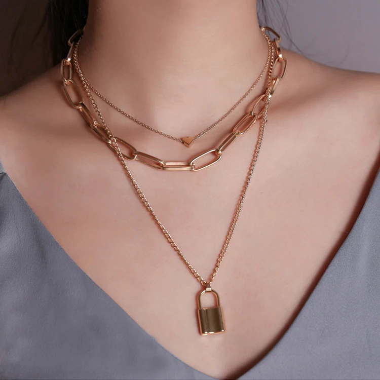 

Silver Jewelry Gift Gold lot de collier choker layered heart Necklace set Charm Multilayer Lock Pendants Necklaces for Women