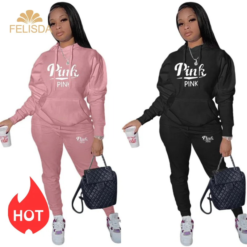 

Winter Spring Hoodies Tracksuits Women 2 Two Piece Set Pink Letter Print Casual Outfits Sweatshirt Top Joggers Pants Sweatsuit