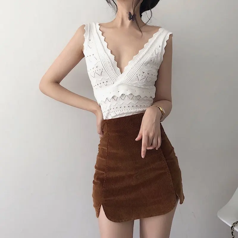

Hollow hook flower sexy nightclub V-neck short vest sweater de mujer knit bodycon t-shirt women for party