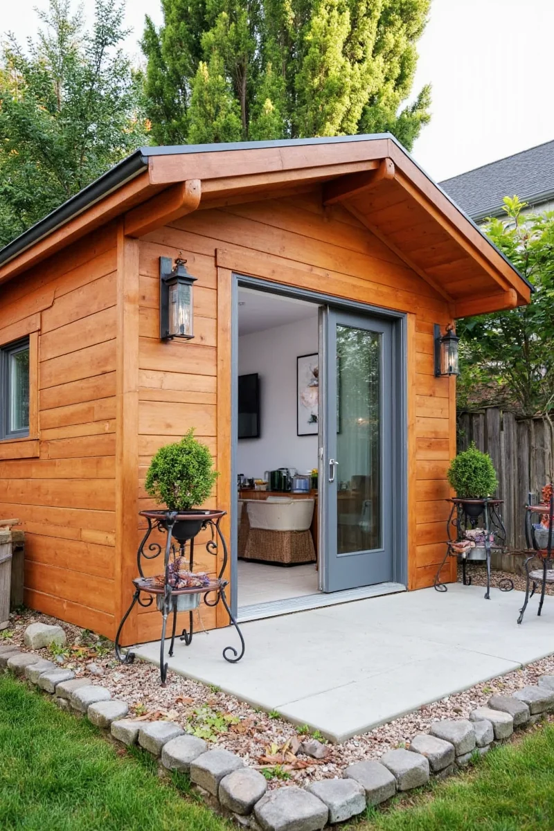 Kid-friendly backyard playhouse shed decorated with colors and toys.