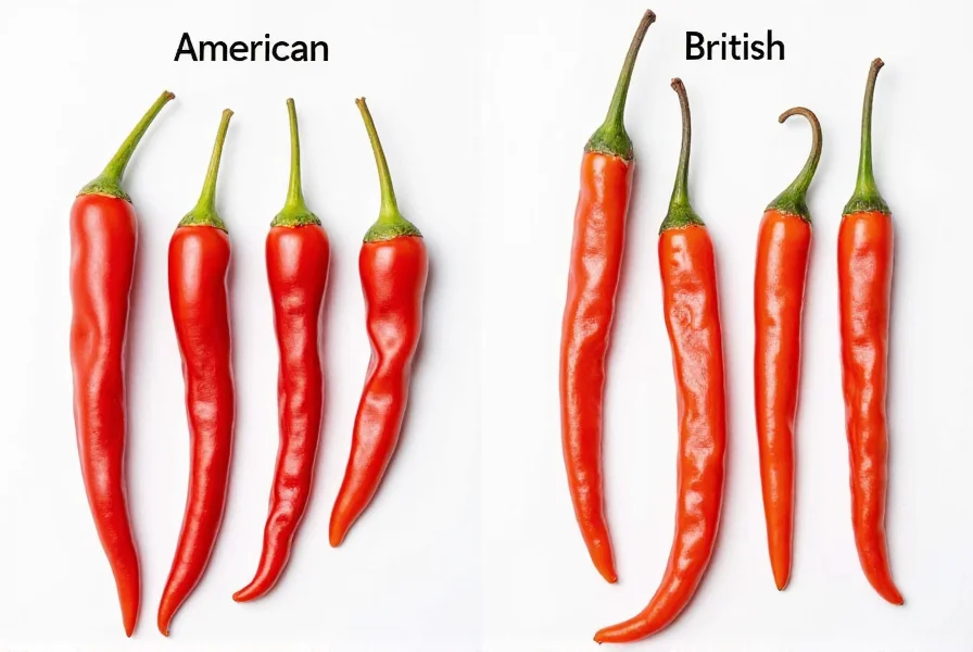Side-by-side comparison of chili peppers labeled with American and British English spellings