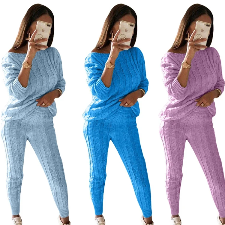 

Winter Sweater Suits Woman Mulit-color Solid Color Casual Comfortable Solid Color Women's Knit Sweater Two Piece Pants Set