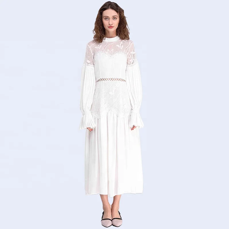 

Ladies High Neckline Full Sleeves Jacquard Dresses Women Spandex Pleated Chiffon White Long Lace Dress Women, Customized color