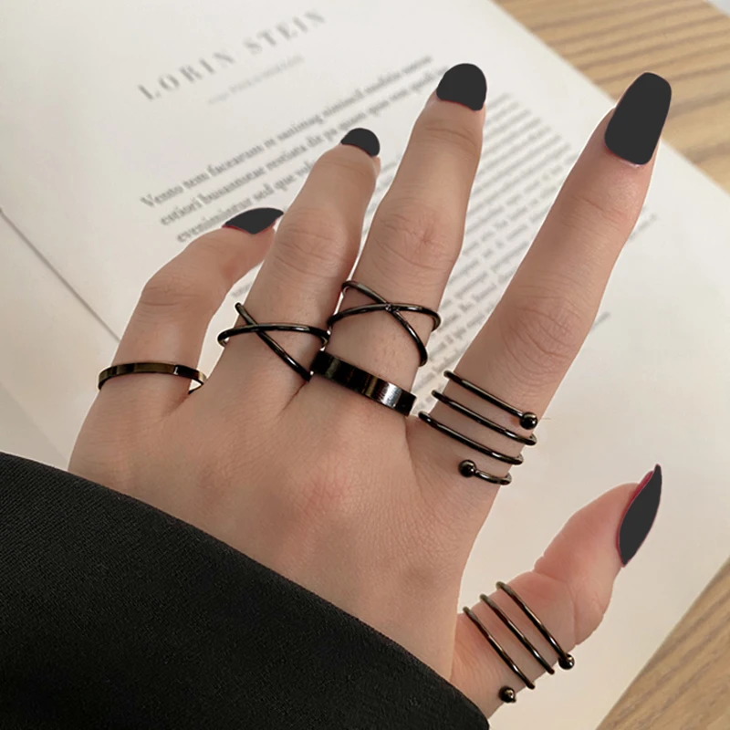 

Finetoo Fashion Black Chain Ring Set women Men's Punk Simple Wide Chain Rings 2022 Fashion Jewelry Party Valentine's Day Gift