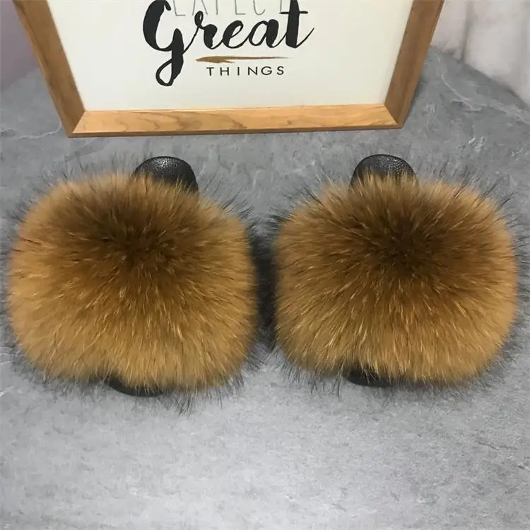 

Custom logo indoor eva sole racoon furry for women fur slides sandal colorful 100% fluffy fox raccoon fur slipper, Customized color