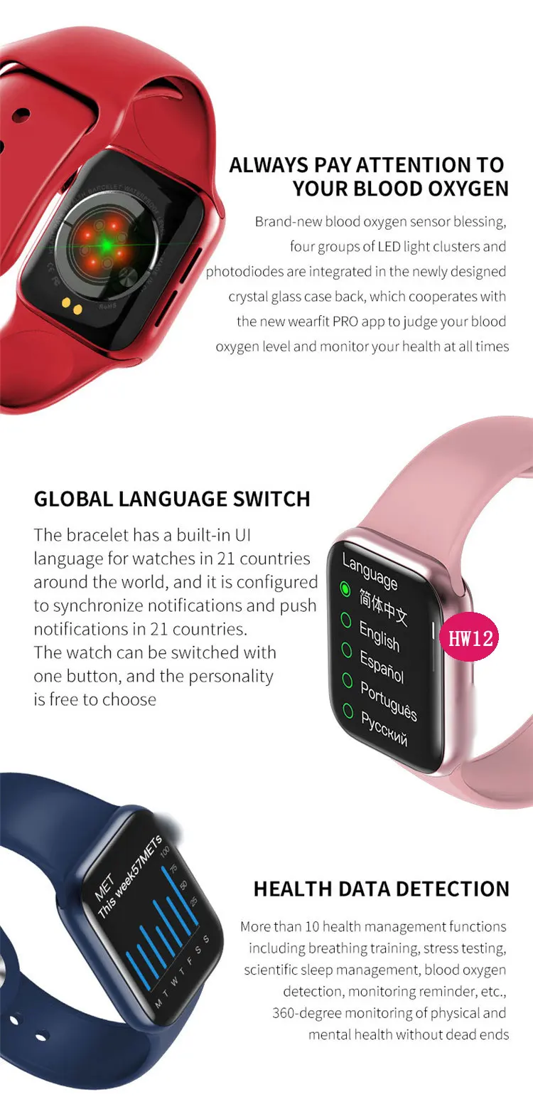 HW12 Smartwatch series 6 1.57 inch Full Touch Smartwatch Fitness Tracker Blood Pressure Custom wallpaper Smart watch HW12