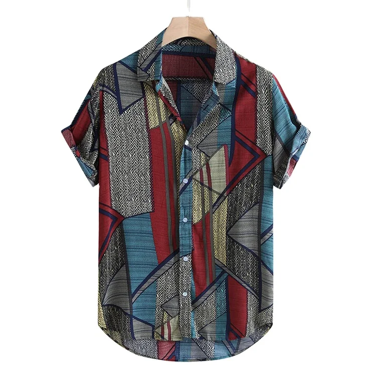 

Men's Ethnic Style Shirt Top Men's Summer Fashion Lapel Geometry Print Hawaiian Short Sleeve Shirt