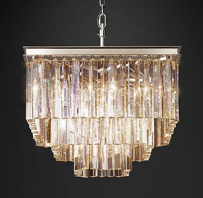 

Fashion 1920S Odeon Classical Crystal Vintage Chandeliers Clear Glass Fringe Square 3 Tier Square Chandelier 22" CZ2508S/13, Nickel, brass, grey iron