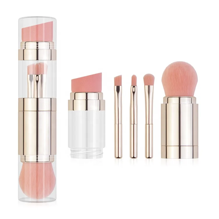 

Professional 5 In 1 Rose Gold Plating Travel Make up holder Makeup brush Set Private Label, As pictures