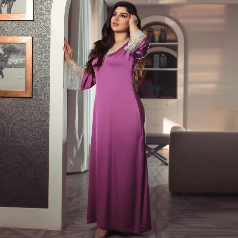

Simple Design Purple Long Sleeve Maxi Dress Solid Color Muslim Women Abaya Islamic Clothing