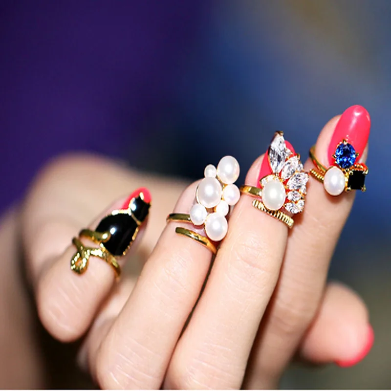 

2020 Hot Sale Women Fashion Cat Pearl With Zircon Fingernail Ring Finger Nail Ring Crystal Nail Ring