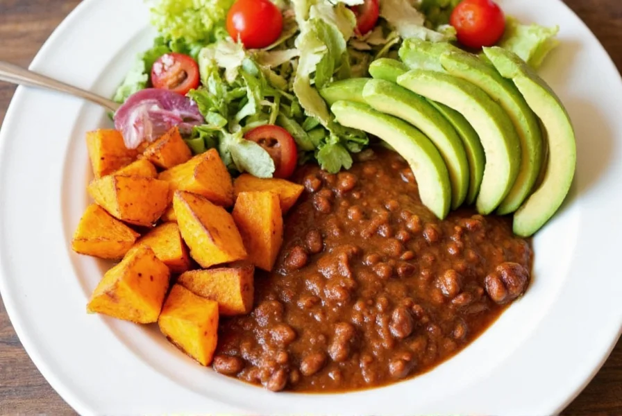 Gluten-free chili meal with roasted sweet potatoes, avocado slices, and a side salad on a white ceramic plate