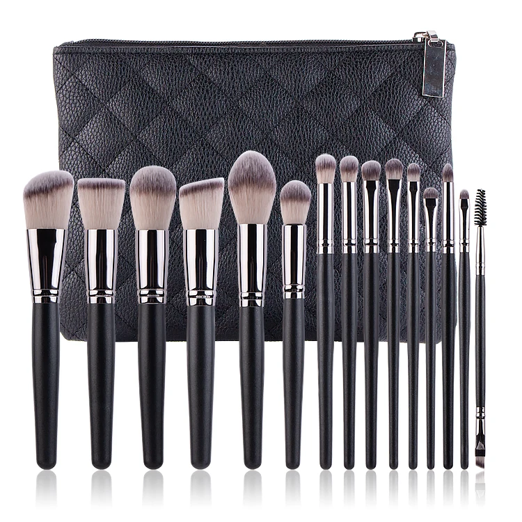 

Private Label High Quality 15pcs Face/eye Soft Dense Synthetic Hair Wood Handle Black Makeup Brushes Sets