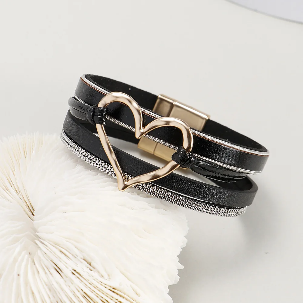 

Hot selling fashion heart bracelet wholesale simple multi-layer leather rope woven bracelets leather bracelets in stock
