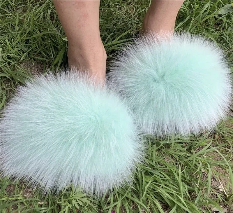 

High Quality Luxury Fur Monochrome Girl Indoor and Outdoor Fluffy Real Women Fox Fur Slippers, Customized color