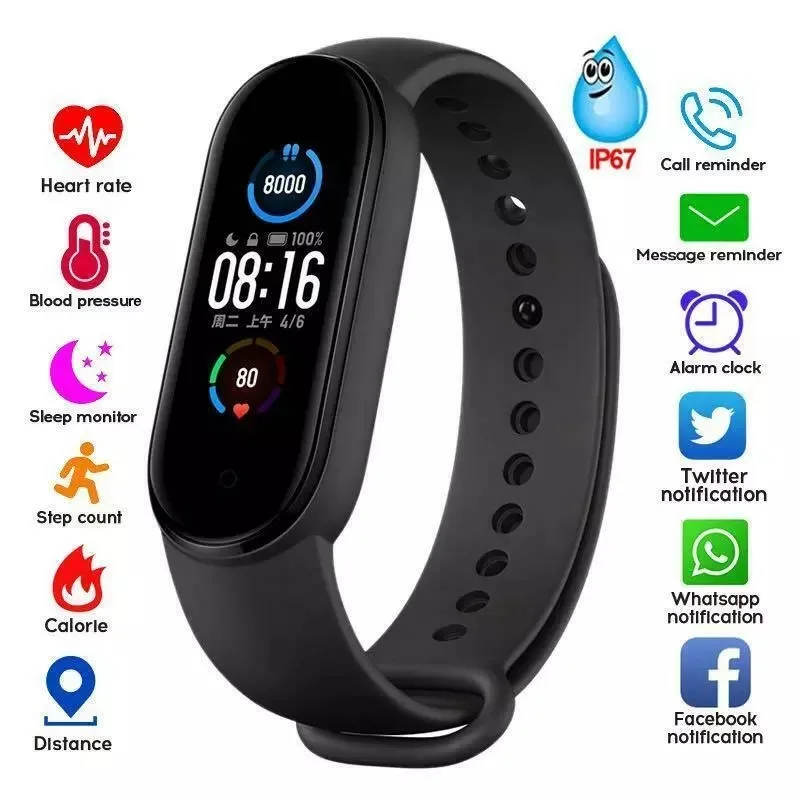 

M5 color screen smart bracelet sports pedometer, heart rate, blood pressure, caller information reminder, multi-function watch