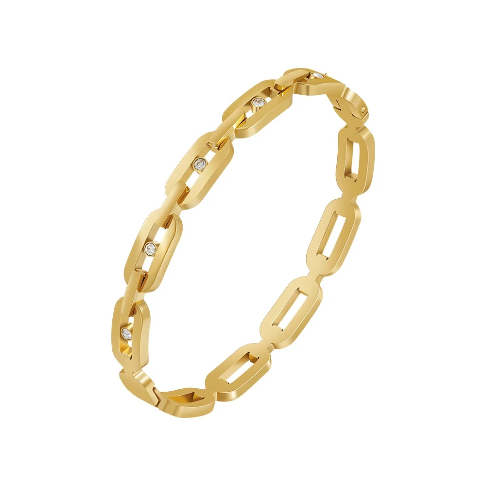 

Latest 18K Gold Plated Stainless Steel Jewelry Oval Hollow Design Link Chain Zircon Bangle For Women Gift Bracelet B232370