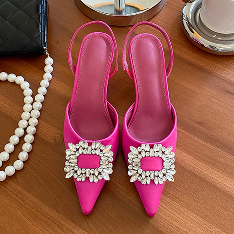 

Summer Satin Pointed Toe Pump Slippers Fashion Crystal Buckle Women New Slip On Ladies Outdoor Casual Thin Heels Shoes