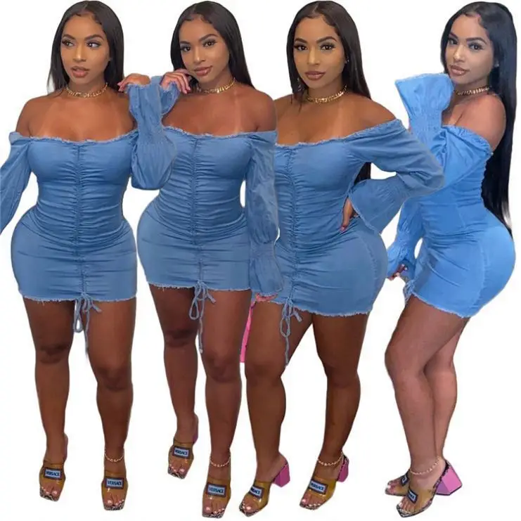 

2021 Ladies Jeans Dresses Women Sexy Strapless Off Shoulder Long Sleeve Jean Dress