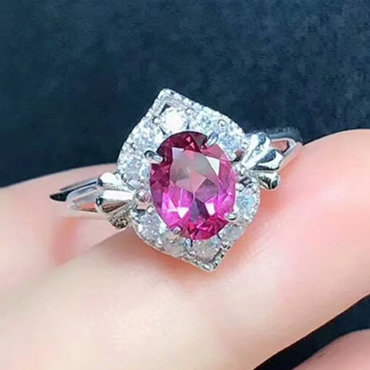 

guangzhou gemstone jewelry wholesale trendy 925 sterling silver 18k white gold plated 6x8mm natural pink topaz ring