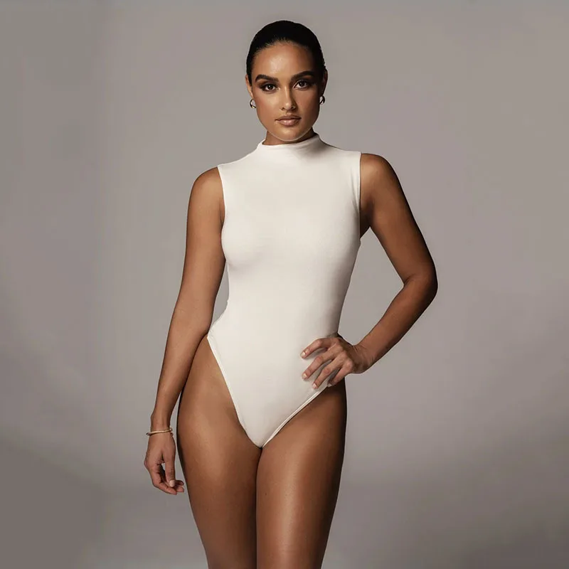 

J2038 wholesales custom turtle neck women bodysuits jumpsuits sleeveless solid color bodysuits for women sexy, As show