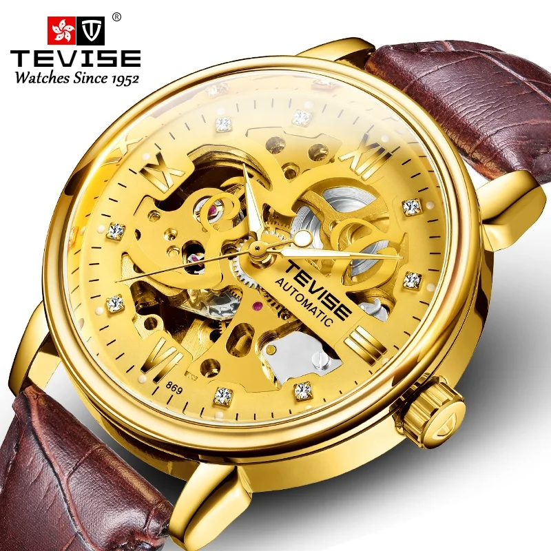 tevise luxury brand mechanical gold watch relogio masculino golden men