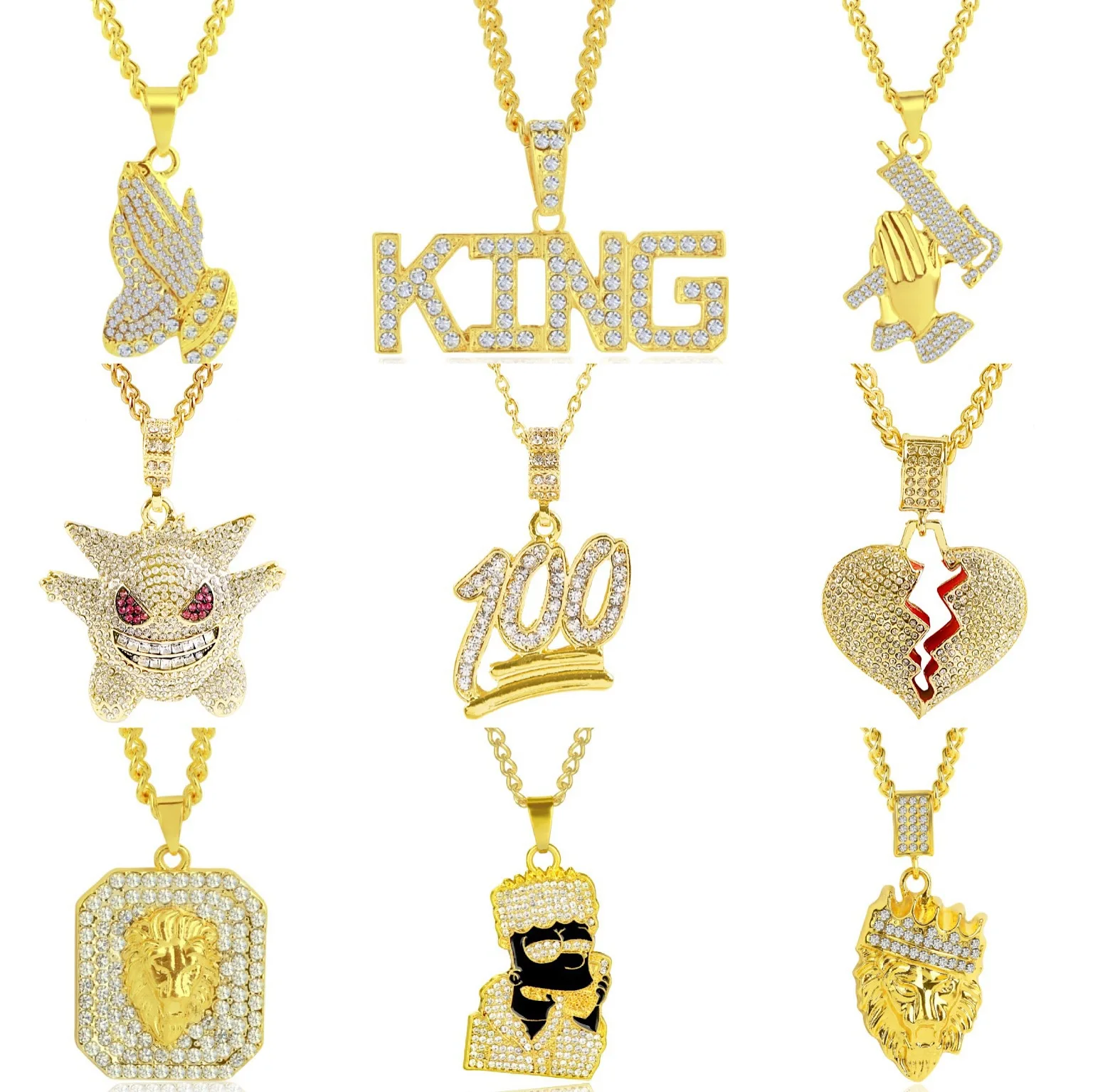

TU-GEM Collares Hombre Men Hip Hop Rhinestone King Shape Bling Iced Out Cuban Link Chain Hiphop Necklace Men Jewelry